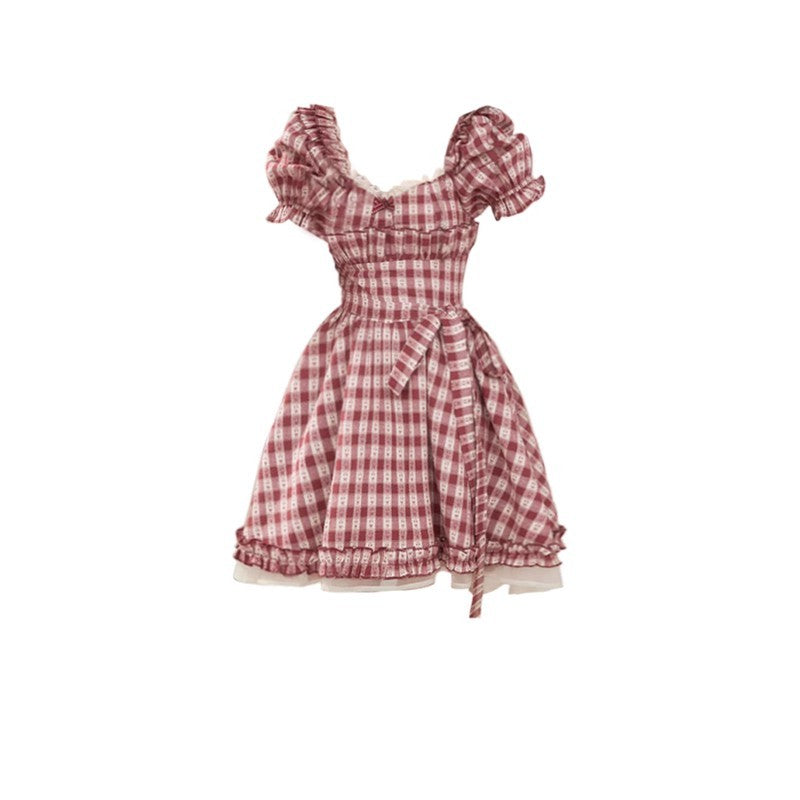 Red Plaid Slip Square Collar Princess Dress